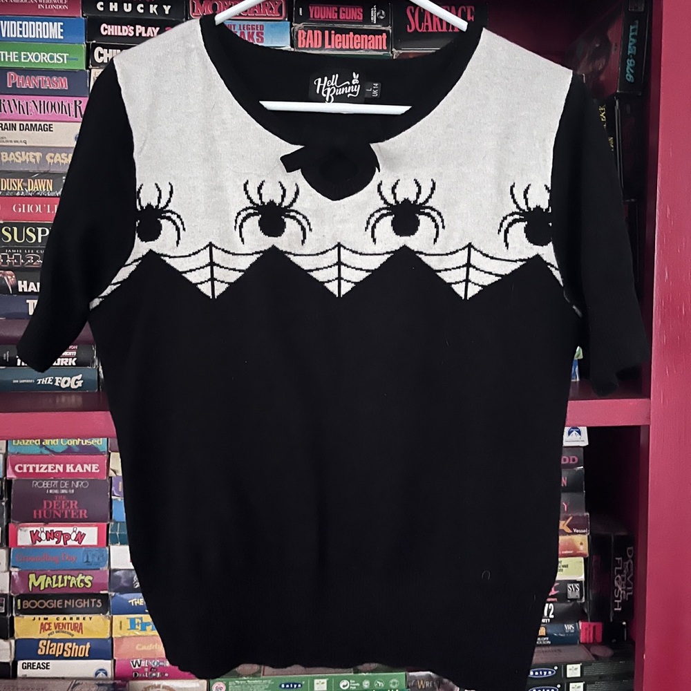 Hell Bunny Goth Spooky PinUp Halloween Sweater with Spiders and Spider Webs